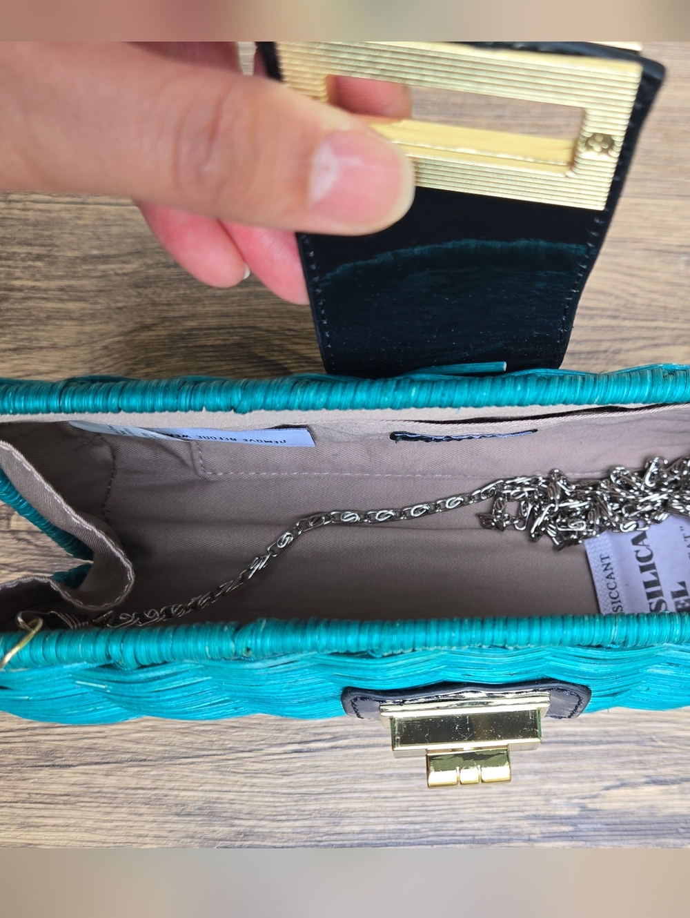 NWT JCrew Teal Straw And Leather Woven Crossbody Bag with Gold Turn-Lock Boho - Picture 3 of 9